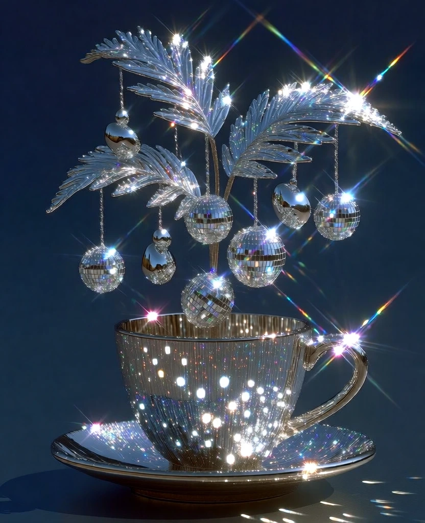 centered ultra-glamorous chrome cup and saucer with a mirrored silver finish, shimmering metallic leaf-like structures floating in a spray above the rim, suspended faceted disco-ball spheres and smooth rounded blobs dangling from the leaves on fine silver threads, set against a deep solid midnight blue background, brilliant hard-light starburst reflections and chromatic lens flares creating a shimmering prismatic glow, high-contrast luxury aesthetic, surrealist cgi, hyper-detailed.