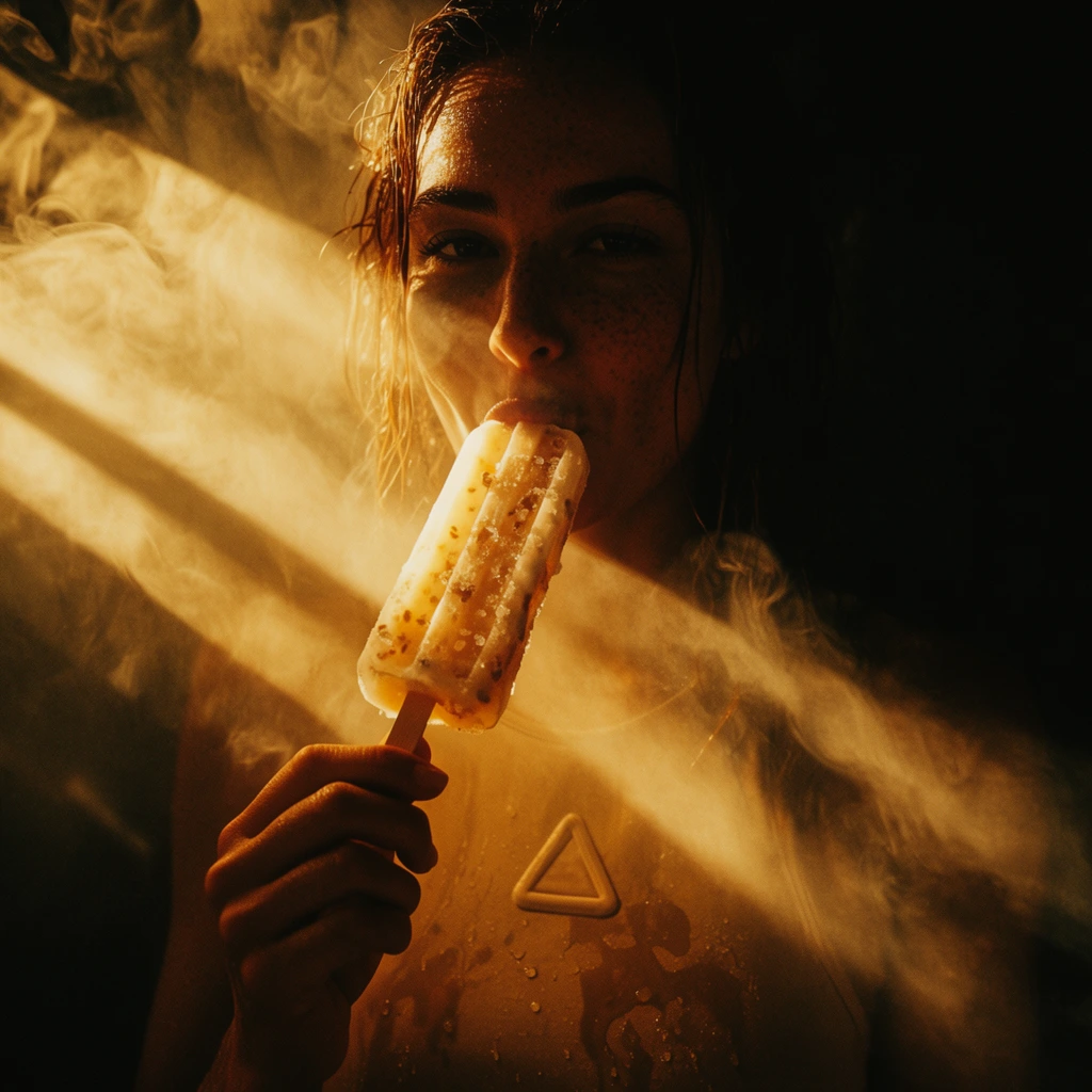 A woman with freckles and wet hair holds an ice pop to her mouth, dramatically illuminated by intense, warm golden volumetric light rays piercing through heavy, swirling smoke. In the lower foreground, her hand grips the wooden stick of the ice pop, which contains visible frozen debris catching the amber illumination. She wears a top featuring wet patches and a distinct raised triangular detail. Extreme chiaroscuro dominates the composition, with deep, crushed black shadows completely swallowing the background and edges of the frame. Thick plumes of illuminated haze intersect with harsh diagonal beams of sunlight, creating a moody, highly cinematic atmosphere characterized by a rich sepia and ochre color palette, extreme lighting contrast, and a tactile, slightly grainy film aesthetic.