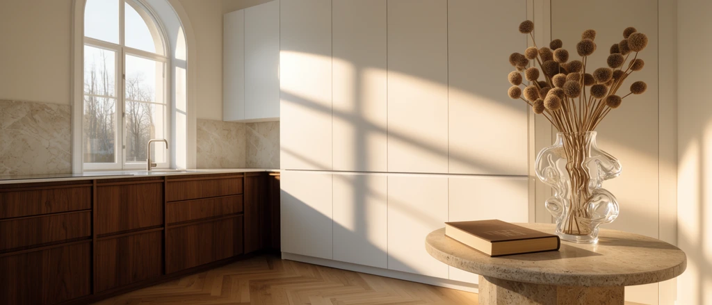 modern minimalist kitchen interior, warm golden hour sunlight, floor-to-ceiling matte white cabinets, dark walnut lower drawers, light oak chevron wood floors, arched window with white trim, light marble backsplash, foreground features a textured stone side table with a thick closed book and a sculpted clear glass vase holding dried round botanicals, striking angular shadows cast across the white cabinetry, serene architectural photography, warm neutral color palette