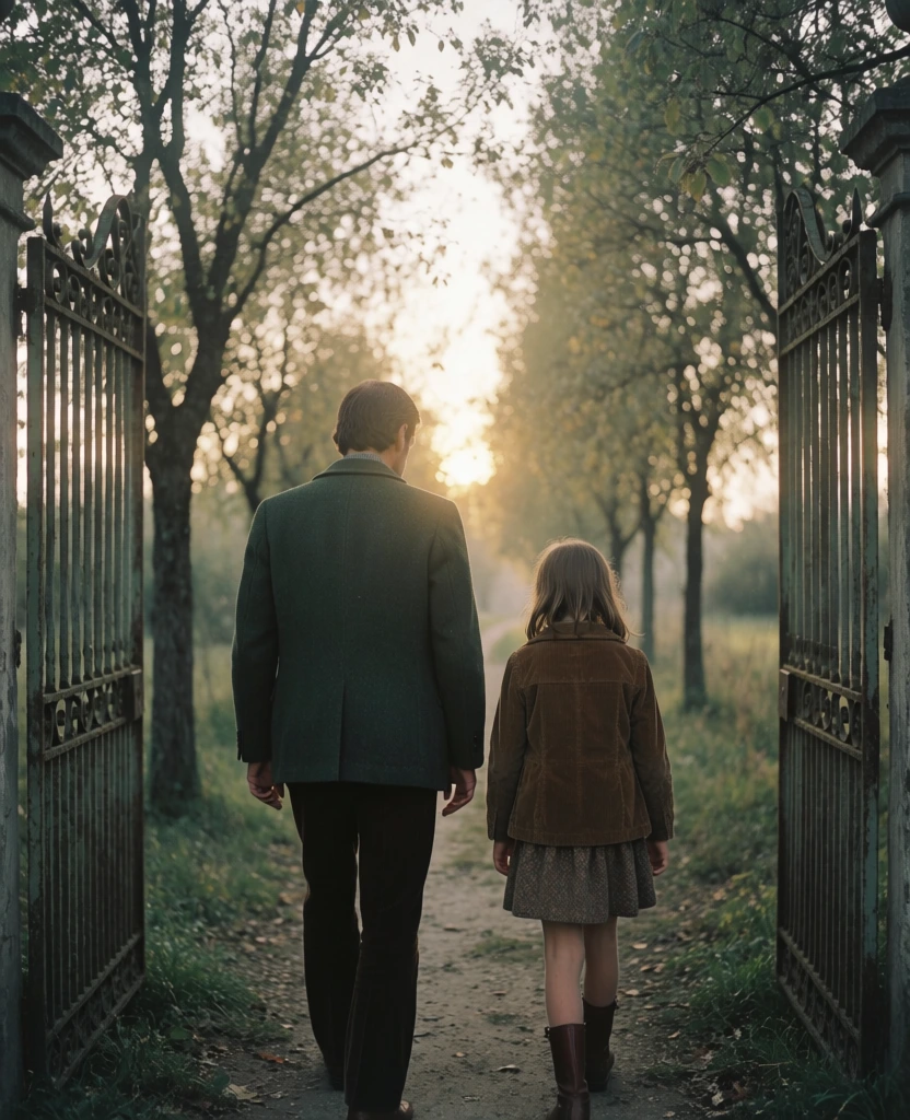 a man and a girl walk through open gates on a tree-lined path towards a sun, back view, dressed in vintage wool and corduroy, 35mm analog film aesthetic, fine grain, muted earth tones, olive greens and warm ochres, soft natural hazy backlighting, low contrast shadows, nostalgic pastoral atmosphere, symmetrical composition, centered perspective, 1970s editorial style, shallow depth of field, tactile organic texture, cinematic still.