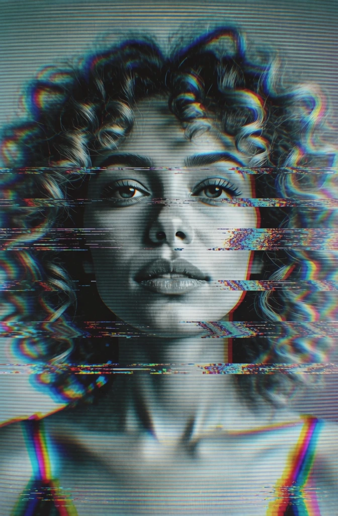 a head and shoulders portrait of a woman with large curly hair facing forward, heavily stylized with analog glitch aesthetics, prominent crt monitor scanlines, horizontal digital distortion, chromatic aberration with cyan and magenta color fringing, muted desaturated palette, high contrast silhouette-like lighting, ethereal and hazy atmosphere, pixelated noise artifacts, distorted video scan lines, lo-fi nostalgic aesthetic, dreamlike quality, iridescent light leaks, tech-noir vibe