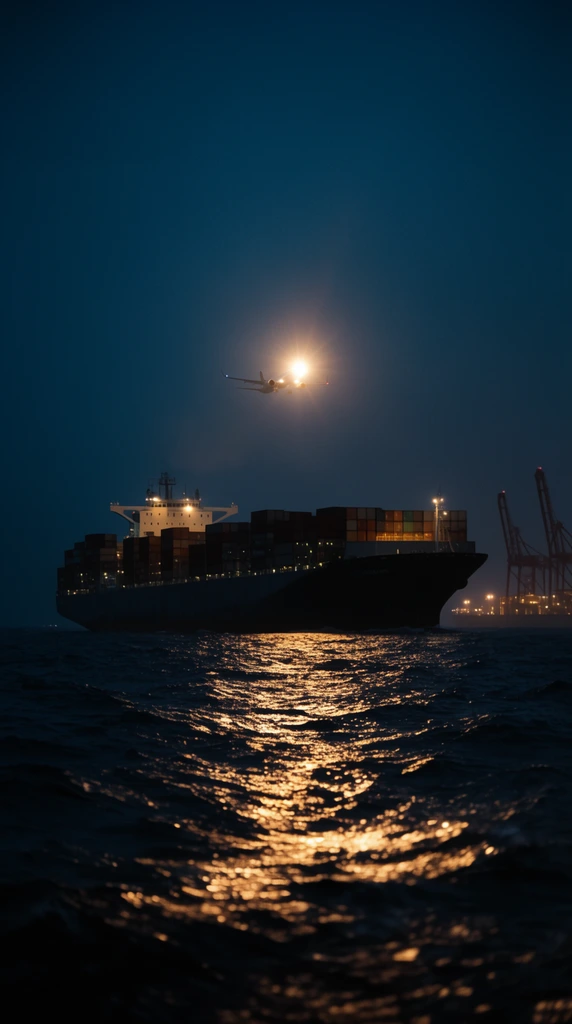 A massive cargo ship loaded with stacked containers traverses a dark ocean under a deep blue night sky. High above the vessel's silhouette, an airplane emits a brilliant light flare. Choppy water in the foreground reflects the intense overhead illumination, creating a shimmering golden path across the dark waves. Faint port cranes stand illuminated on the right horizon in this moody, cinematic, low-light photograph.