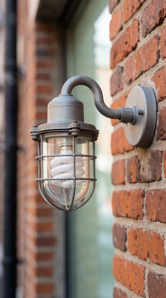 A gray metal industrial light fixture is mounted on a textured red brick wall. The utilitarian sconce features a rigid curved arm extending from a circular base plate, supporting a clear glass dome encased in a metal wire cage. A white spiral fluorescent bulb rests inside the glass. The close-up photograph uses a shallow depth of field, keeping the lamp and adjacent rough bricks in sharp focus. The softly blurred background reveals vertical architectural elements, including a dark pipe and pale green window reflection, contrasting with the warm earthy tones of the masonry under natural daylight.