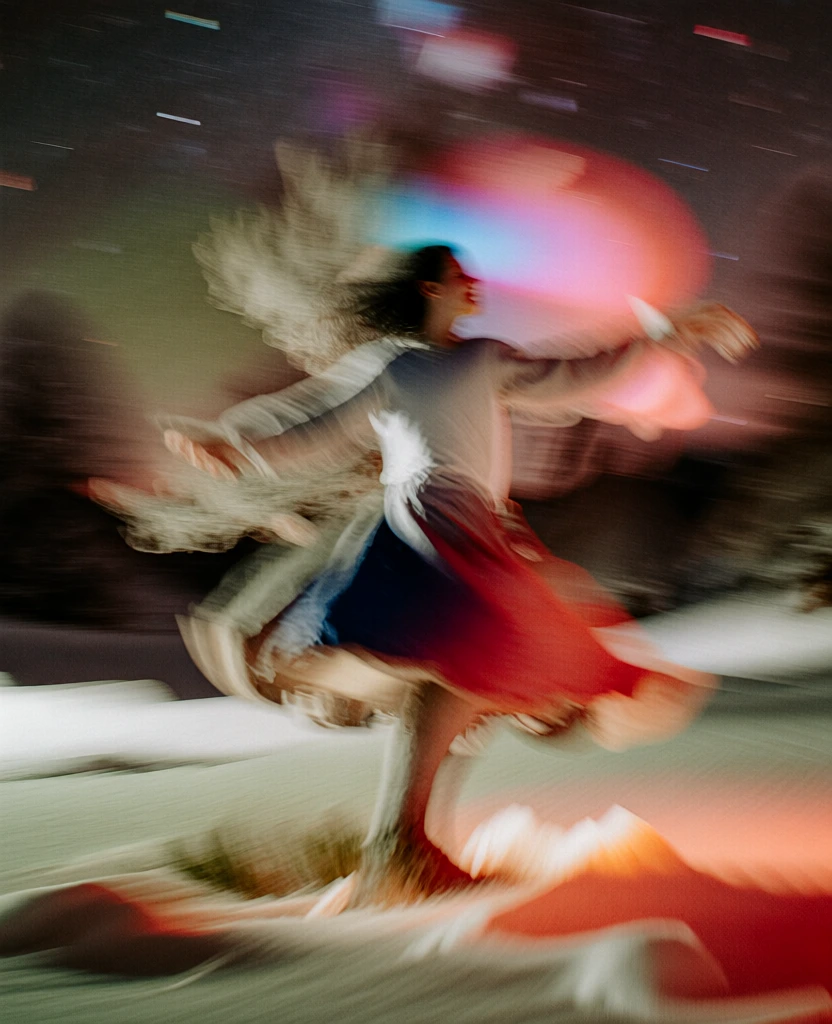 an ethereal tree shaped like a dancing woman in a dress in a snowy field under a starry sky, heavy intentional camera movement, dynamic horizontal motion blur, painterly streaked aesthetic, soft blurred white textures of snow blending into deep indigo, streaks of starlight stretching across the frame, high-speed energy frozen in a slow shutter speed, organic forms dissolving into light and motion, dreamlike and hazy atmosphere, cinematic long exposure with a soft focus.