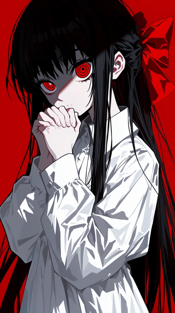 A bold anime-style digital illustration of a pale girl with long black hair and striking red eyes against a solid crimson background. She wears an oversized white collared dress featuring sharp, jagged folds. Her hair has choppy bangs, long straight locks, and a large red bow. Her hands are tightly clasped near her chin. A stark, dramatic shadow diagonally bisects her face, highlighting intense eyes with concentric circular pupils. The composition relies on crisp cel-shading and a starkly limited palette of white, black, and vivid red to create a highly graphic, high-contrast poster aesthetic.