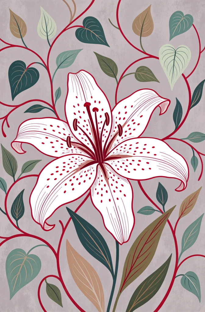 A stylized painting depicts a large white lily with crimson speckles amidst sprawling vines and heart-shaped leaves set against a textured grey background with shimmering gold accents. The central focus is a six-petaled white lily, its petals adorned with numerous small red dots and bordered with fine red lines. In the center of the lily, several dark red stamens extend outward. Muted green and teal heart-shaped leaves are scattered along thin red vines that trail across the composition, while longer, narrow, lanceolate leaves in shades of olive and tan also emerge from the tangle of stems. A broad, dark, horizontal wavy shape flows behind the floral elements, containing irregular patches of metallic gold leaf. The background is a flat, textured surface in shades of cool grey and pale lilac, exhibiting a subtle stippled finish. The entire work is characterized by a strong graphic quality, with delicate red-brown outlines defining every leaf, petal, and vine. The perspective is flat and decorative, with even and diffuse lighting that highlights the contrast between the matte background and the reflective gold elements.
