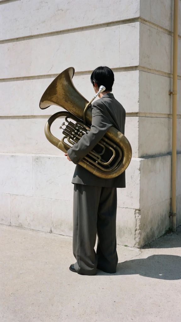 A person with short, dark hair stands outdoors against a pale, textured wall, holding a large, tarnished brass tuba. The individual is viewed from behind and slightly to the side, wearing an oversized, dark gray suit consisting of a blazer and wide-legged trousers that pool around their dark shoes. They cradle the tuba across their torso, with the large bell of the instrument pointing upward over their left shoulder and the intricate brass piping visible across their chest and back. The person is positioned near the corner of a building, which is constructed from large, horizontal stone or concrete blocks. To the right, a vertical yellow pipe is attached to the wall. The scene is illuminated by bright, direct sunlight coming from the upper right, casting a distinct shadow of the person and the tuba onto the light-colored pavement below. The ground is a flat, concrete surface. The camera angle is at eye level, capturing a full-body shot that emphasizes the contrast between the rigid, geometric lines of the architecture and the curved, organic form of the musical instrument and the draped fabric of the suit. The color palette is muted, dominated by neutral grays, whites, and the aged, golden hue of the brass tuba.