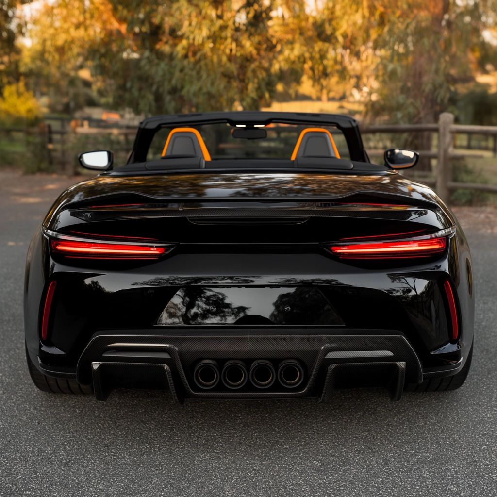 A glossy black convertible sports car parked on asphalt during golden hour. Viewed from directly behind, the vehicle features a prominent carbon fiber rear diffuser housing four central circular exhaust pipes. Slim, horizontal red LED taillights glow vibrantly against the dark bodywork, sitting below a subtle aerodynamic spoiler lip on the trunk. Through the open cabin, two front seats with striking bright orange accents are visible. The highly polished black paint reflects the warm light and silhouettes of nearby trees. The softly blurred background reveals sunlit foliage and a rustic wooden fence, emphasizing the sleek, aggressive automotive styling of the modern performance vehicle.