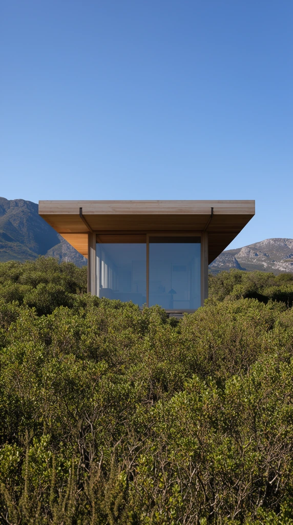 A minimalist rectangular cabin with an overhanging wooden roof and large floor-to-ceiling glass windows emerges from dense green shrubbery. Distant mountains and a clear blue sky frame the structure in bright daylight architectural photography.