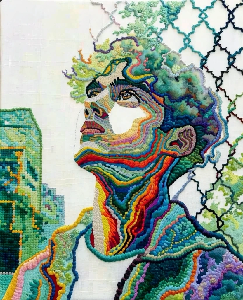 maximalist hand-stitched embroidery on white linen canvas, a young man looking upward in the foreground composed of dense topographical bands of vibrant primary-colored thread, skin and clothing rendered in swirling variegated satin stitches of red, cobalt, and cadmium yellow, thick navy corded outlines, background of a chain-link fence depicted via interlocking diamond-shaped black needlework, simplified geometric building on the left in forest green needlepoint, tactile fiber textures, relief