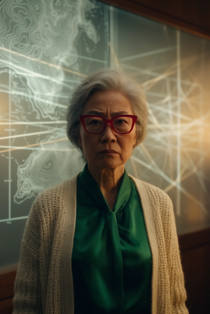 An elderly East Asian woman with silver hair stares intensely forward, wearing thick angular red glasses, an emerald green silk blouse, and a chunky cream cardigan. Behind her, a wall-sized frosted glass panel illuminates glowing topographical maps and abstract geometric intersecting lines. Warm directional cinematic lighting highlights her serious, furrowed expression against the moody, soft-focus background. Shot with a shallow depth of field, the mid-shot composition evokes a tense atmosphere of high-stakes academic discovery.