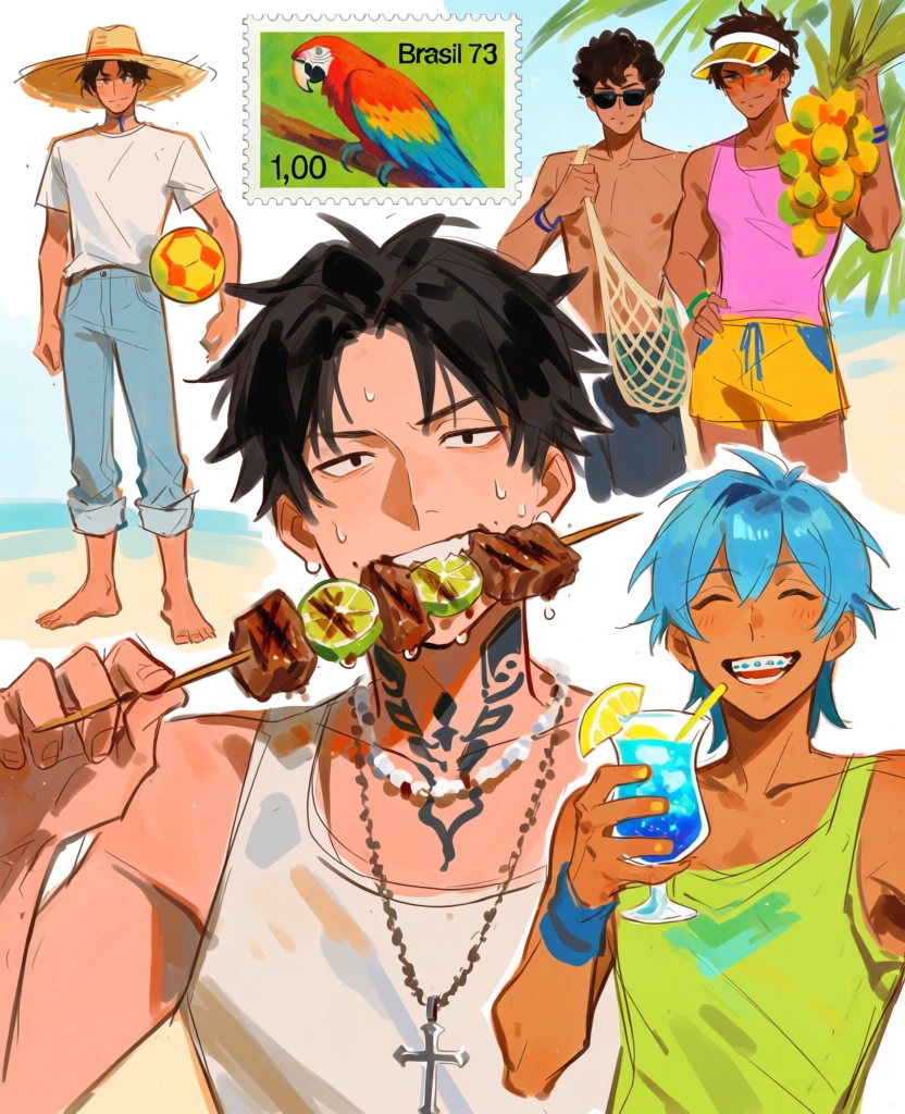 This digital illustration features a collage of several young men enjoying a tropical beach setting, centered around a large, close-up portrait of a man with messy black hair and beads of sweat on his face. This central figure wears a white tank top, a dark-patterned neck tattoo, a beaded necklace, and a long chain with a silver cross pendant while biting into a wooden skewer of grilled meat and lime slices. To his right, a person with bright blue hair, tan skin, and braces smiles widely, holding a blue cocktail garnished with a lemon wedge and wearing a lime green tank top with blue wristbands. In the top left, a full-body figure stands barefoot in a wide-brimmed straw hat, a white t-shirt, and rolled-up light blue jeans, holding a yellow and orange soccer ball under one arm. In the top right, two more men are shown: one is shirtless with dark curly hair and sunglasses carrying a mesh bag, while the other wears a pink tank top, yellow shorts, and a visor, holding a large bunch of yellow tropical fruit. A rectangular postage stamp is placed at the top center, depicting a colorful red, orange, and blue macaw on a green branch with the text "Brasil 73" and "1,00" in a black sans-serif font. The artwork employs an anime-inspired digital style with visible, expressive brushstrokes, a vibrant color palette of warm yellows, greens, and pinks, and bright, sun-drenched lighting that highlights the characters' tanned skin and the beach-themed atmosphere.