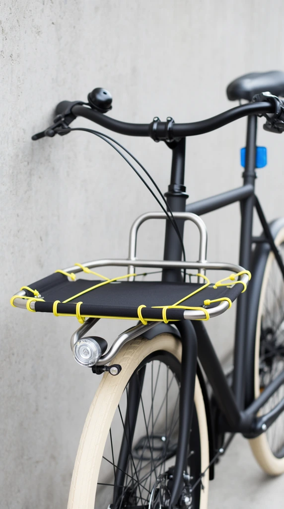 A matte black urban bicycle leans against a textured, pale gray concrete wall, featuring a custom front cargo rack. The curved black handlebars hold a small bell and frame a stainless steel tubular rack mounted over the front wheel. This rack supports a flat black fabric tray held tightly by bright yellow elastic cords. A round, clear headlight sits at the top of the matte black fork. The bike includes black fenders, cream-colored tires, and a black saddle with a bright blue reflector on the seat post. Photographed with a shallow depth of field, the rear of the bicycle blurs softly into the background. Soft, diffused lighting highlights the matte finish of the frame, emphasizing a minimalist aesthetic with striking color contrasts from the yellow cords.