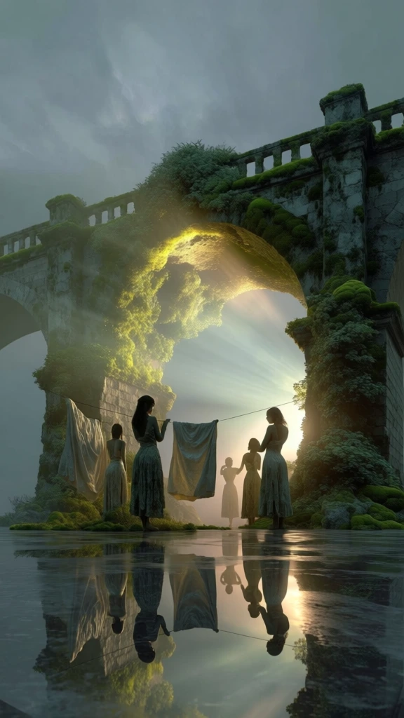 several women hanging white linens near a monumental arched stone bridge, ethereal volumetric golden light bursting through the archway to create sharp silhouettes, soft misty atmosphere, hyper-realistic textures of damp weathered stone and lush moss, mirror-like reflections on a dark wet glassy floor, desaturated slate-grey sky contrasting with a radiant luminous core, low-angle cinematic framing, surrealist digital art style, high-signal organic detail, tranquil melancholic mood