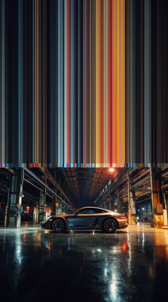 A sleek sports car parked inside a cavernous industrial building is dramatically distorted by a massive vertical pixel-stretch glitch effect dominating the entire upper half of the frame. The stationary aerodynamic vehicle rests on a slick, highly reflective dark concrete floor, positioned centrally amidst heavy steel trusses and raw architectural columns that converge into a deep, linear vanishing-point perspective. Abruptly severing the scene along a strict horizontal axis, a digital slit-scan distortion pulls the visual data of the car and the illuminated environment straight upward, creating a dense, rigid curtain of continuous vertical lines reaching the top edge. These perfectly parallel streaks form a vibrant, geometric barcode of color—luminous ambers, fiery reds, steely cyans, and deep blacks—originating directly from the specific objects immediately beneath the fracture line. The photorealistic lower section features cinematic, high-contrast nocturnal lighting, with intense artificial light sources casting sharp specular highlights across the car's metallic chassis. The hyper-glossy ground directly mirrors the glowing environmental lamps and the vehicle's bright reflections, anchoring a moody, cyberpunk-leaning aesthetic defined by razor-sharp architectural rendering below contrasting violently with the striking digital abstraction above.