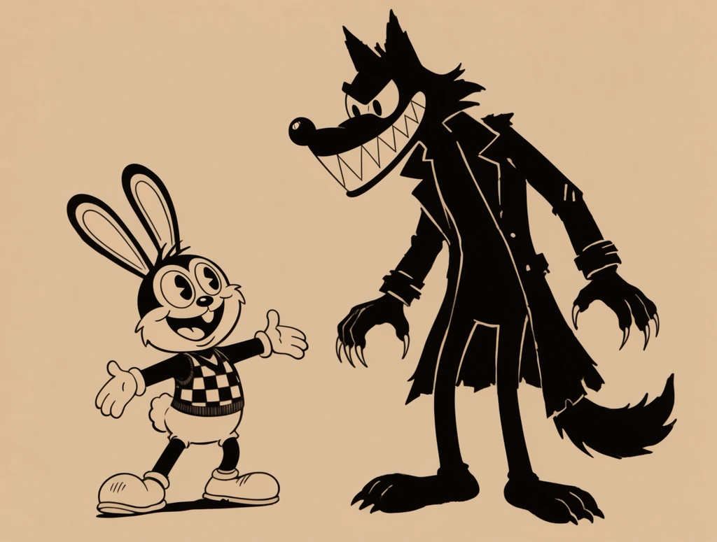 two retro rubber-hose animation characters on a plain tan background, short joyful cartoon rabbit on the left, checkered vest, oversized shoes, round pie-cut eyes, tall shadowy cartoon wolf silhouette on the right, wide menacing jagged grin, elongated limbs, ragged trench coat, sharp claws, flat 2D illustration style, monochrome vintage ink aesthetic