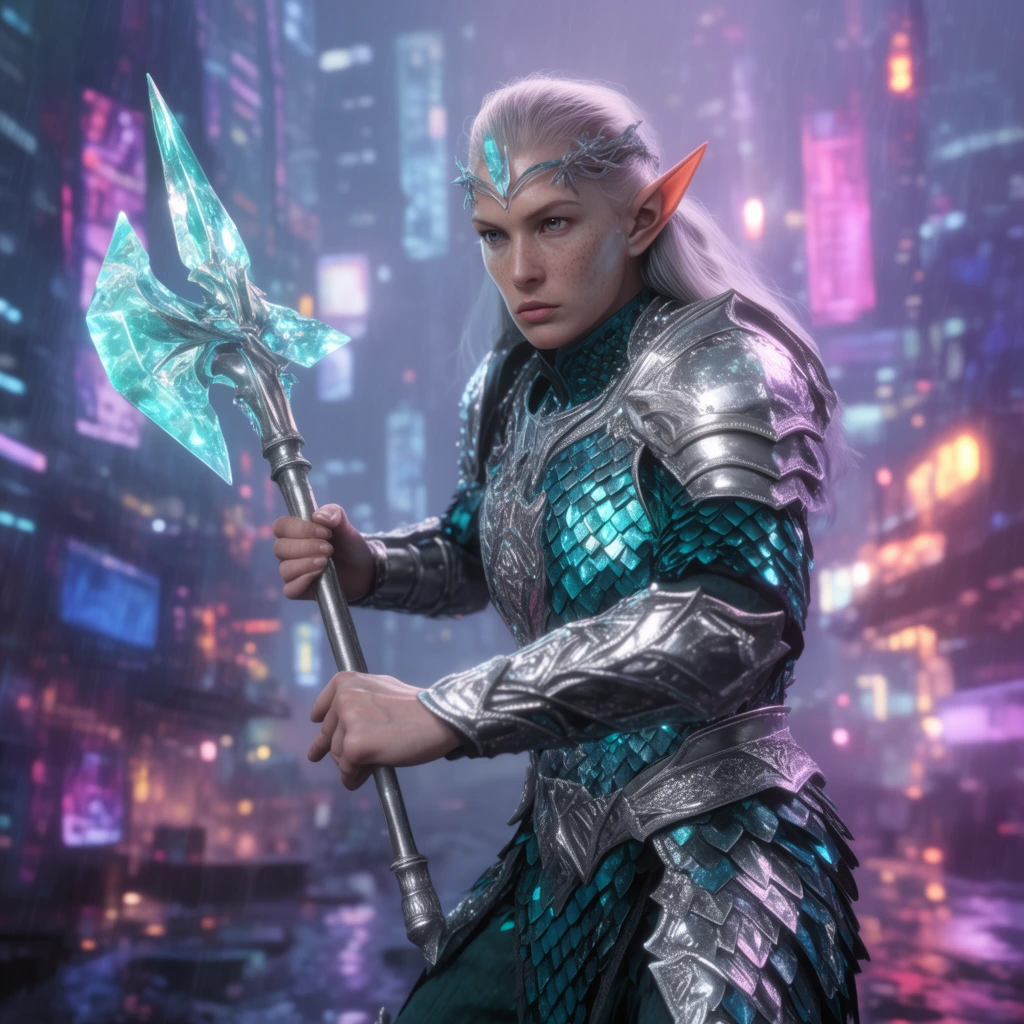 Adult elven warrior in silver and teal scale armor, holding a glowing crystal halberd in a defensive stance, neon-lit cyberpunk cityscape background, cinematic lighting