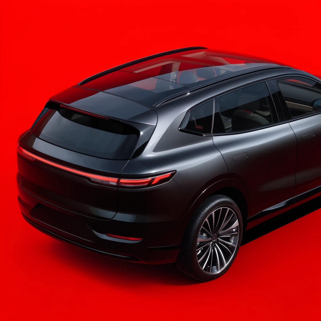 Dark metallic modern SUV, rear three-quarter view, vibrant solid red background, panoramic glass roof, continuous horizontal taillight, large alloy wheels, glossy reflections, minimal studio photography