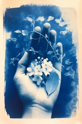 Ethereal Botanical Cyanotypes style reference image — botanical photogram
