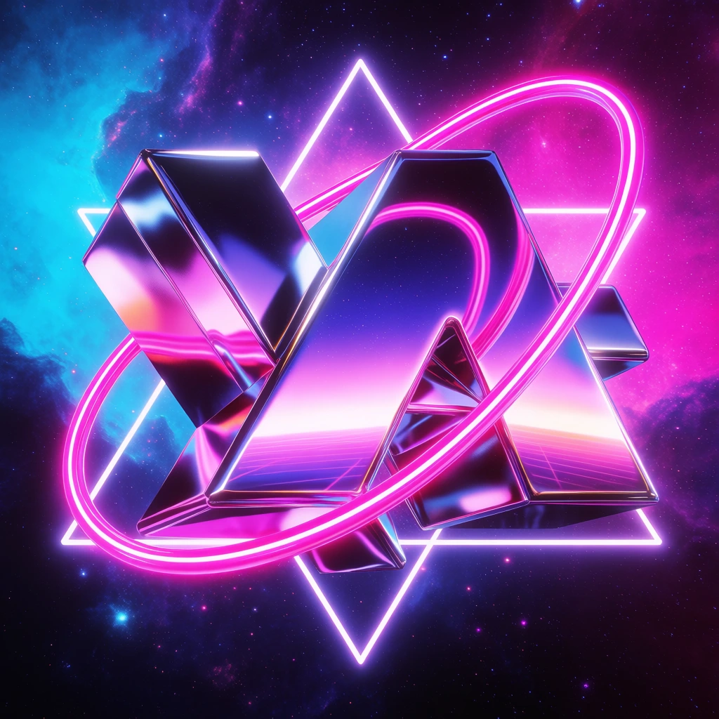 A vibrant, retro-futuristic synthwave composition set against a deep cosmic nebula of cyan and magenta. Large, extruded metallic geometric forms coated in a highly reflective chrome finish mirror a bright purple and pink horizon. A fluid loop of brilliant pink neon tubing forms sweeping curves interwoven across the solid metallic structures. A glowing white wireframe triangle frames the central elements against the dark space background filled with scattered stars. Intense neon glows and crisp highlights on glossy chrome surfaces emphasize a nostalgic 1980s aesthetic.
