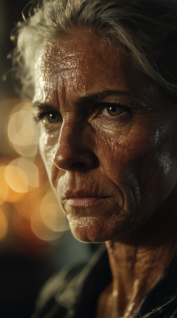 extreme close-up portrait of a rugged older woman, weathered skin covered in gleaming sweat, intense stare, stark side lighting, blurred background with warm anamorphic bokeh, cinematic photography, high contrast