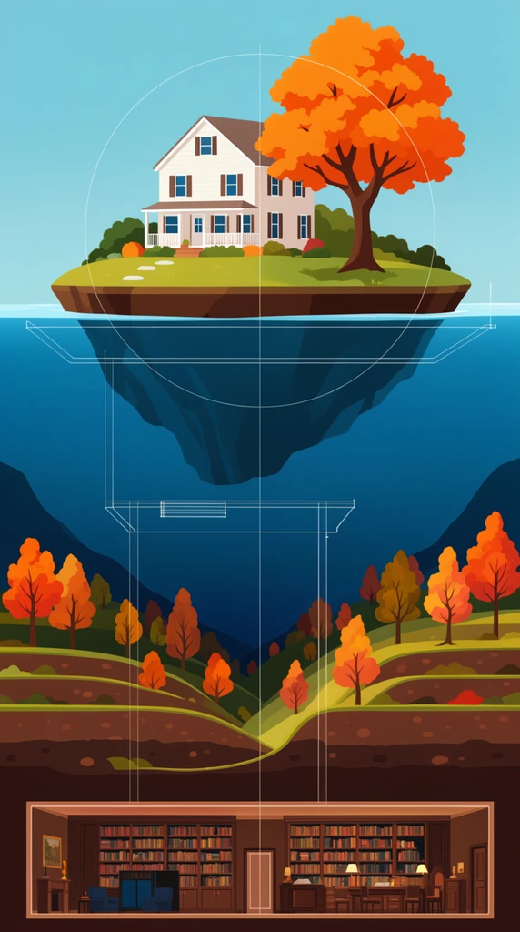 surreal multi-layered cross-section illustration, white house and large orange tree on a floating grassy island, light blue sky, inverted landmass submerged in deep blue water, deep subterranean terraced hills dotted with autumn trees, bottom cutaway revealing a hidden underground library room, thin white architectural schematic lines traversing vertical layers, flat vector art style, vibrant complementary palette of warm oranges and cool blues, clean infographic diagram aesthetic