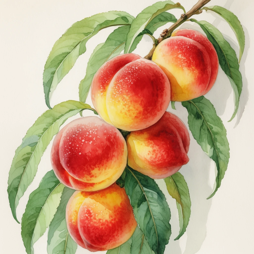 cluster of five ripe peaches hanging from a slender brown branch, traditional botanical watercolor illustration, vibrant gradient of red and golden yellow on the fruit, delicate white surface speckles, elongated green leaves with wavy edges and detailed veining, varied shades of sap green, plain off-white paper background, soft pale grey cast shadows behind the branch, gentle top-left lighting, delicate color washes, fine brushwork detailing