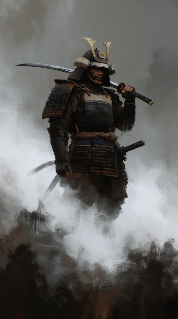 A digital painting of a samurai in dark layered armor and a horned helmet standing in thick mist. He rests a curved sword on his left shoulder. Swirling white fog obscures his legs against a dark abstract foreground. The atmospheric artwork utilizes loose, expressive brushstrokes in muted grays and browns for a heavily textured, moody composition.