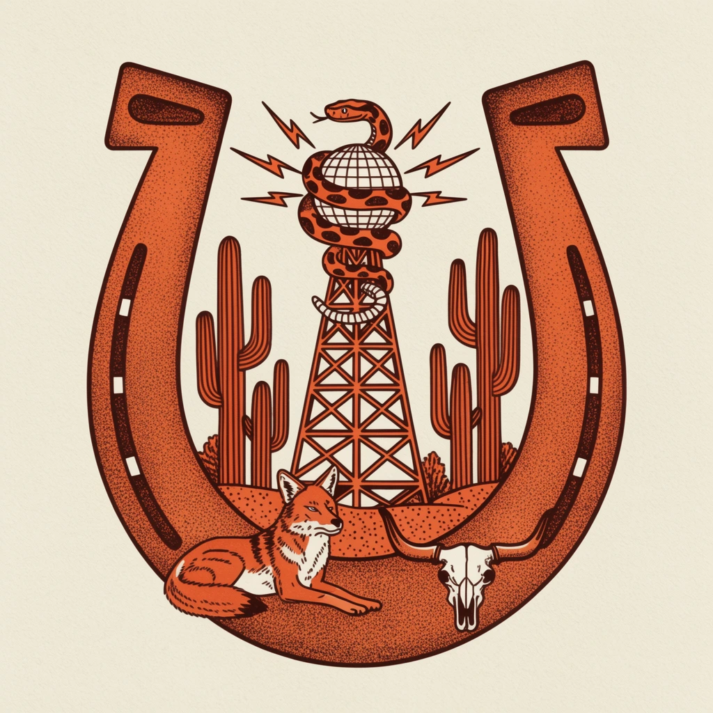 A vintage monoline illustration of a desert vignette framed within a large horseshoe. A central lattice transmission tower is topped with a grid-lined globe emitting jagged lightning bolts, tightly wrapped by a spotted rattlesnake. The background features tall saguaro cacti rising from stippled sand. A resting coyote occupies the lower-left foreground, balanced by a horned steer skull on the lower-right. The artwork uses a limited retro palette of terracotta orange and dark brown against a textured cream background, employing dense stipple shading for a classic Americana aesthetic.