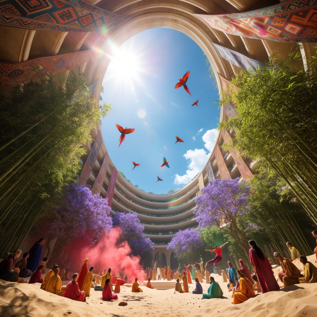 A colossal elliptical amphitheater with tiered balconies encloses a sunlit sanctuary. People in vibrant robes lounge on sandy dunes and practice acrobatics beneath towering bamboo groves and purple jacaranda trees. A plume of crimson smoke drifts across the gathering while geometric silk tapestries cascade from the surrounding architectural curves. An extreme wide-angle, upward-facing perspective frames a brilliant blue sky through the expansive oculus, where scarlet macaws circle the glaring sun. Rendered in a bright, photorealistic architectural style, intense daylight creates dramatic optical lens flares and crisp shadows throughout the monumental environment.
