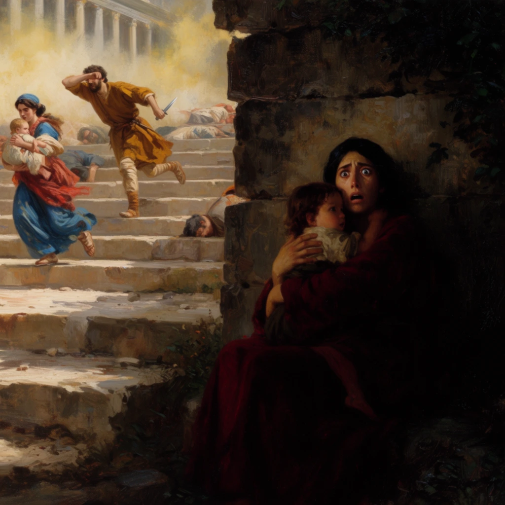 A terrified woman clutches a young child in the deep shadows of a crumbling stone wall while a chaotic evacuation unfolds on a sunlit staircase behind her. The foreground mother gazes outward with wide, panicked eyes, half-illuminated against heavy dark crimson robes. Her rough masonry hiding spot features thick, textured brushstrokes and dark foliage. In the brightly lit, hazy background to the left, a running woman in blue and red garments carries an infant down stone steps. A man in an ochre tunic follows, shielding his face from dusty air with one arm and gripping a short blade. Collapsed figures lie further up the stairs near a distant classical colonnade obscured by yellowish smoke. The dramatic oil painting uses intense chiaroscuro to contrast the frozen psychological horror of the dark foreground with the kinetic panic of the luminous background.