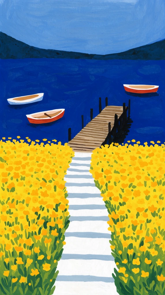 vibrant naive-style illustration on a printed rectangle, bright yellow flower field with a white stepped path, wooden pier reaching into deep blue water, small floating rowboats, gouache texture, flat perspective, folk art