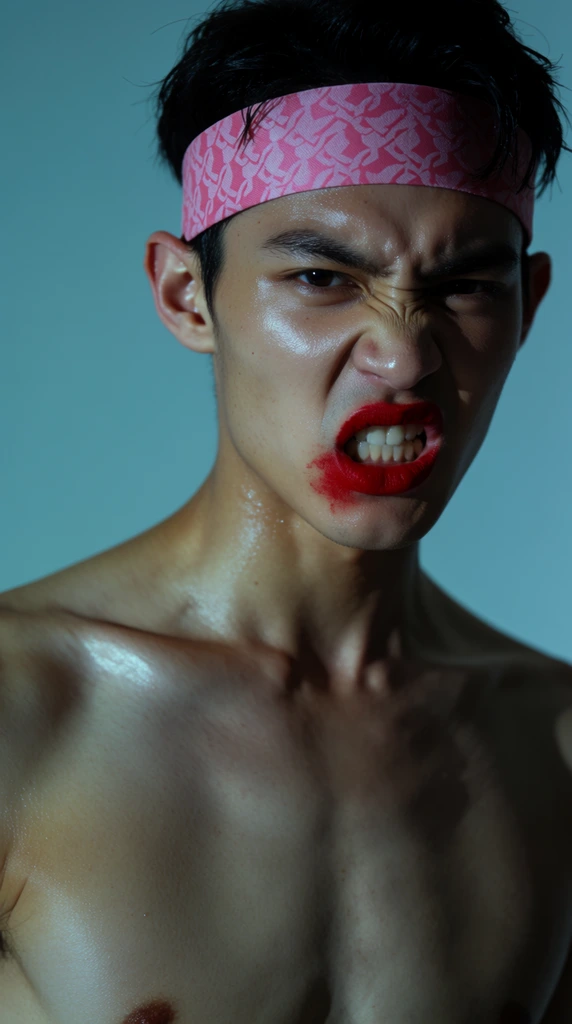 A close-up editorial portrait of a bare-chested young man with glistening, dewy skin set against a solid cool teal background. He wears a wide pink headband with a repeating geometric pattern and striking, smudged bright red lipstick. His intense gaze meets the camera while a snarling expression pulls his mouth sideways to reveal his teeth. Dramatic, directional lighting accentuates his sharp collarbones, neck muscles, and sculpted facial structure, creating a stark, moody contrast between warm skin tones and the cool backdrop.