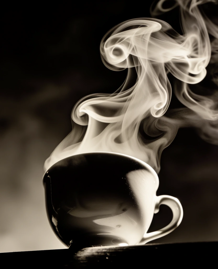 extreme low-angle worm's-eye perspective, dramatic chiaroscuro lighting, monochromatic sepia palette, minimalist ceramic coffee cup centered on a dark surface, thick ethereal steam rising in swirling sculptural folds mirroring neoclassical drapery, high contrast shadows, sharp highlights on the rim and liquid surface, smooth polished porcelain textures, moody and sophisticated atmosphere, cinematic composition, deep blacks and creamy whites, elegant and monumental aesthetic