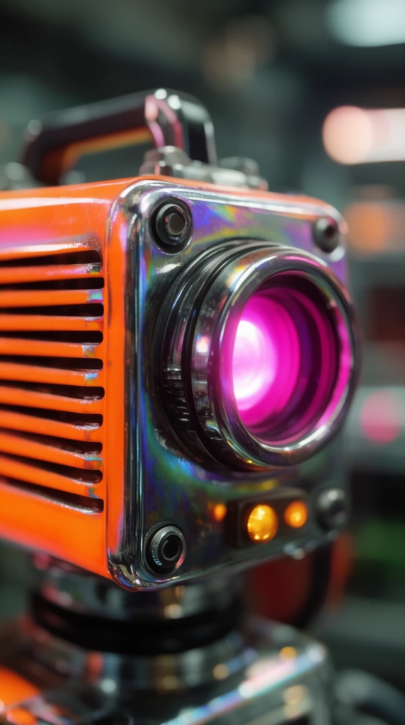 macro shot of heavy industrial diagnostic scanner, iridescent chrome and neon orange casing, deep ventilation ridges, recessed circular lens emitting intense magenta glow, amber indicator light, extreme shallow depth of field, blurred background, cinematic lighting, sharp focus on glowing lens, anamorphic bokeh