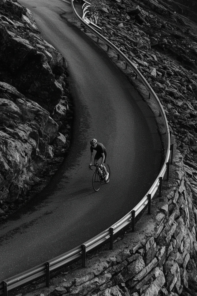 high angle aerial view, lone cyclist on a racing bicycle, winding asphalt mountain road, steep rocky hillside, rough textured stones, curved metal guardrails along the edge, high contrast black and white photography, dramatic lighting, deep shadows, gritty texture, sharp focus, cinematic landscape