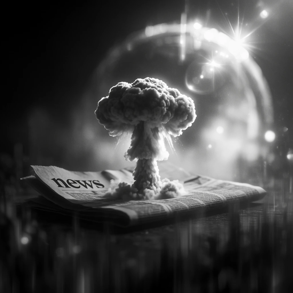 A billowing mushroom cloud erupts vertically from the center crease of a folded newspaper prominently displaying the word "news", rendered in a striking high-contrast black-and-white cinematic style. The dense, churning smoke of the explosion forms a towering stalk and expansive cap, sharply focused in the center frame against a dark, atmospheric void. Intense, ethereal backlighting outlines the outer edges of the textured smoke and the paper with sharp, brilliant rim light. A massive, hazy circular light structure looms in the background, emitting intense, star-like lens flares and glowing optical artifacts that pierce through heavy volumetric fog. The composition utilizes a shallow depth of field, rendering the immediate foreground into dark, vertical out-of-focus streaks and soft bokeh shapes, while the deep background dissolves into hazy gradients. Deep, inky shadows, pronounced chiaroscuro, cinematic bloom on the blazing highlights, and a fine photographic film grain create a moody, surreal, and heavily textured monochrome aesthetic.