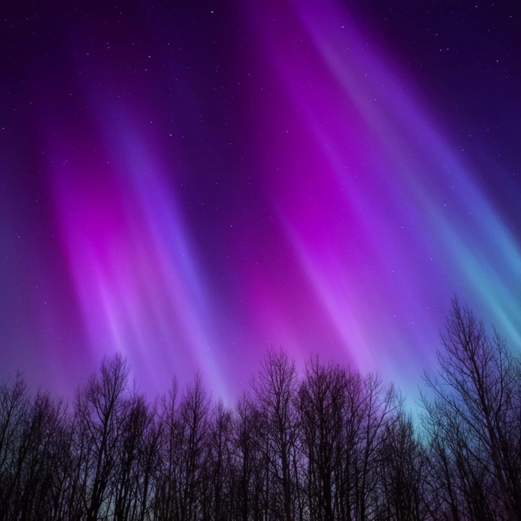 A vibrant aurora borealis illuminates a starry night sky with towering vertical pillars of glowing magenta, deep purple, and faint cyan light. The luminous atmospheric display sweeps across the upper frame, contrasting with the scattered pinpoint white stars dotting the deep violet cosmos. Along the bottom edge, a dense jagged silhouette of bare deciduous trees creates a dark, intricate foreground against the brilliantly colored sky. The low-angle astrophotography perspective emphasizes the sweeping ethereal glow of the celestial phenomenon over the quiet woodland.