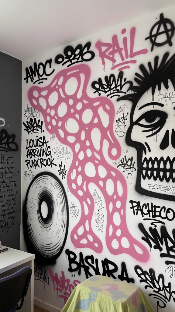 A bedroom wall is densely covered from floor to ceiling in a chaotic array of black and white graffiti murals and tags, dominated by a large, amorphous pink shape. The central focus is a vibrant pink graffiti piece with an organic, web-like structure featuring numerous irregular circular cutouts, spanning across the middle of the wall. To the right, a large stylized face with spiky hair and a skeletal, grinning mouth is rendered in black spray paint. On the left side of the mural, a large circular form with concentric lines resembling a singular eye or a mechanical component anchors the composition. Numerous black tags, scribbles, and sketches in varying styles overlap each other across the entire white surface. The mural is located in an indoor room, meeting a solid dark grey wall at a corner on the left where a small, square drawing is taped. In the lower foreground, the edge of a white desk and a dark chair are partially visible, while the bottom of the mural is obscured by a piece of furniture covered with a lime-green and yellow patterned cloth. Visible text within the graffiti includes large pink jagged lines on the top right forming the word "RAIL", the word "BASURA" in black block letters near the center, "PACHECO" below the skull's ear, and "AMOC" on the upper left. A smaller phrase near the middle reads "LOUISA ARRIVING PUNX ROCK", and a vertical column of handwritten text on the lower left begins with "If you touch it but you hide it". An anarchy symbol is sketched in the upper right corner. The image is captured from an eye-level perspective with flat, indoor lighting that emphasizes the high contrast between the white wall, the black ink, and the saturated pink paint, creating a gritty and unpolished street art aesthetic.