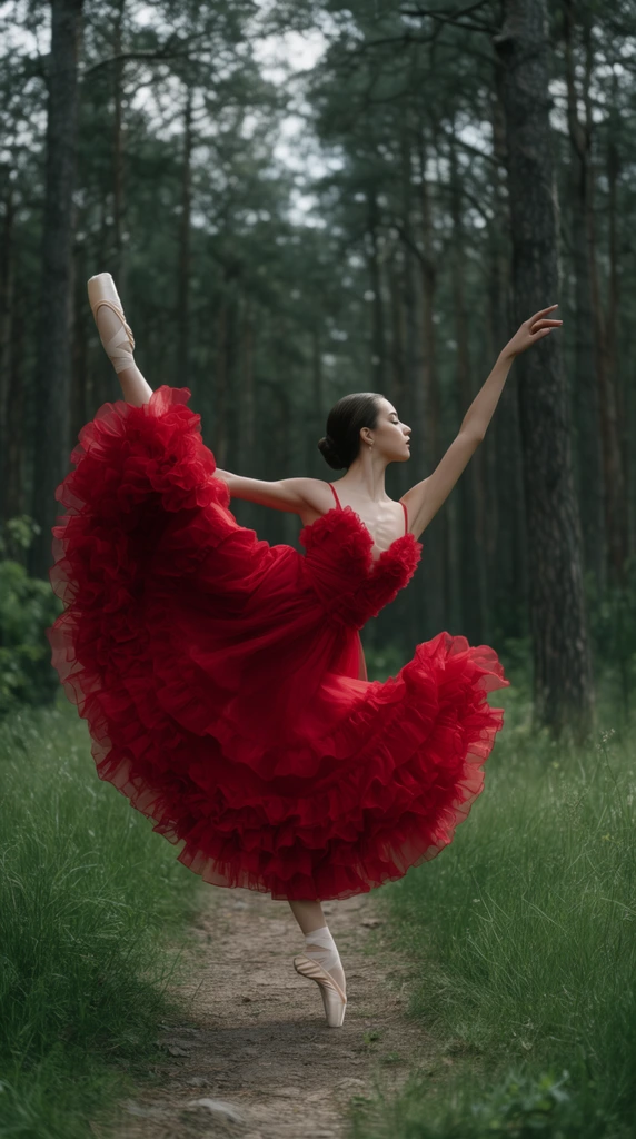 Female ballet dancer en pointe in a standing split, voluminous ruffled bright red dress, dirt path in a dense pine forest, green grass, cinematic photography