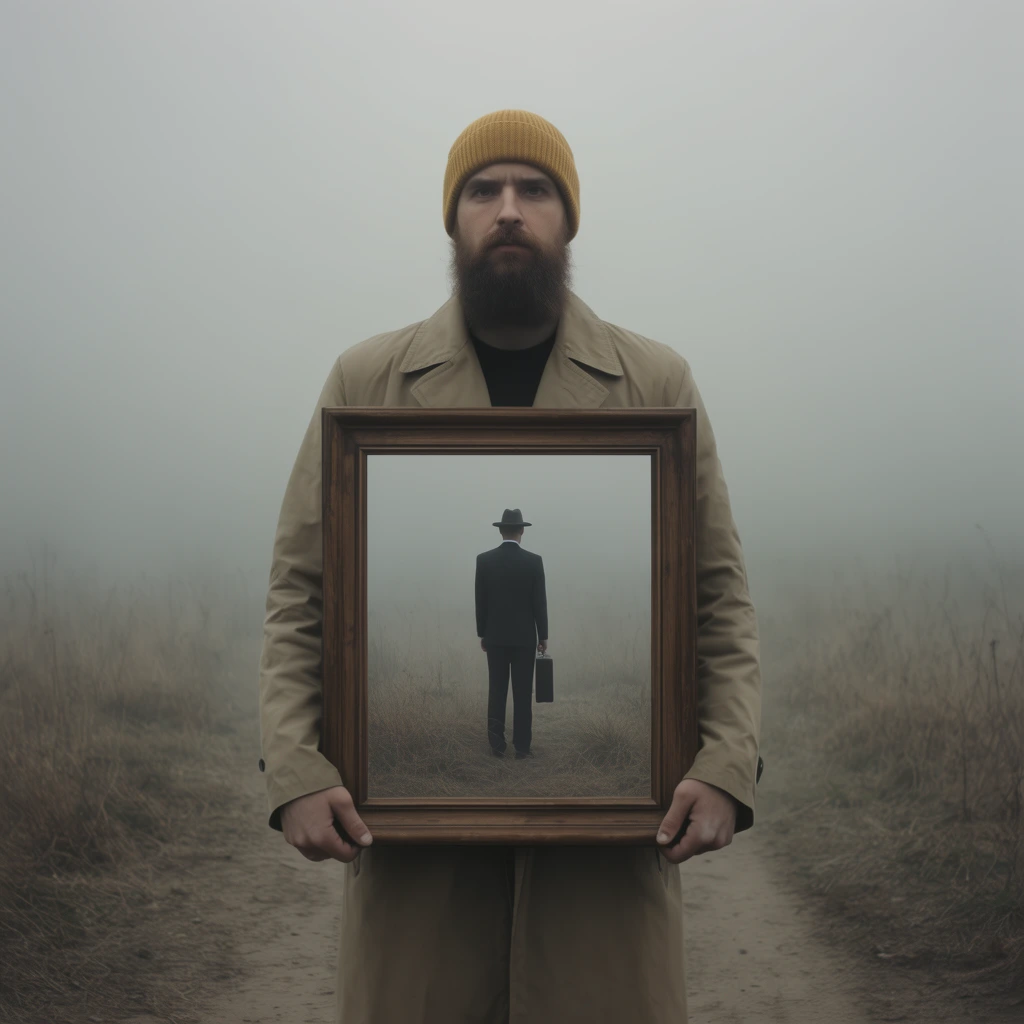 bearded man in a mustard beanie and tan trench coat standing on a dirt path in a foggy field, holding a large wooden picture frame over his torso, the frame's interior reveals a surreal scene of a distant man in a dark suit and fedora holding a briefcase, dry sparse grass, heavy mist, surreal conceptual photography, muted gray and earth tones, atmospheric, cinematic, centered composition