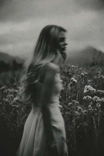 Distressed Monochrome Surrealism style reference image — heavy film grain
