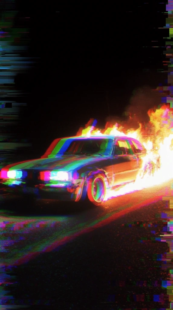 A speeding car leaving a bright trail of flames behind its tires. Heavy digital glitch art distorts the vehicle and fire with intense chromatic aberration and severe RGB channel splitting. Neon cyan, magenta, and lime green color fringing harshly outlines the forms. Thick CRT scanline textures overlay the high-contrast composition. Sharp horizontal digital displacement and blocky pixel stretching artifacts warp the outer edges of the frame. The scene features deep crushed blacks contrasting against overexposed, vivid neon highlights, creating a severe retro-futuristic VHS tracking error aesthetic.
