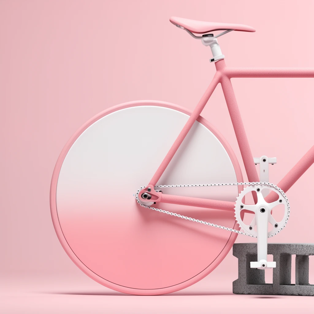 A close-up profile of a minimalist pink bicycle's rear half resting on a gray cinder block against a seamless pastel pink backdrop. The bike features a textured matte frame, a solid disc rear wheel with a white-to-pink gradient, and stark white mechanical components linked by a silver chain. Rendered with soft studio lighting in a sleek, monochromatic product photography style.