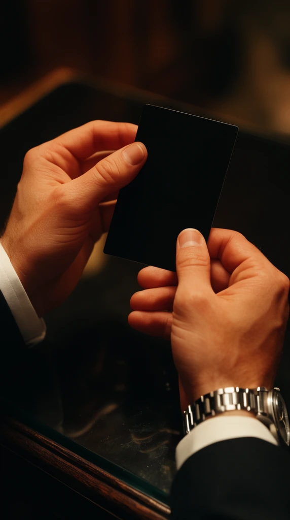 two hands holding a solid black card, dark suit sleeves with white shirt cuffs, silver link watch on right wrist, dark reflective surface, warm dramatic lighting, close up macro photography