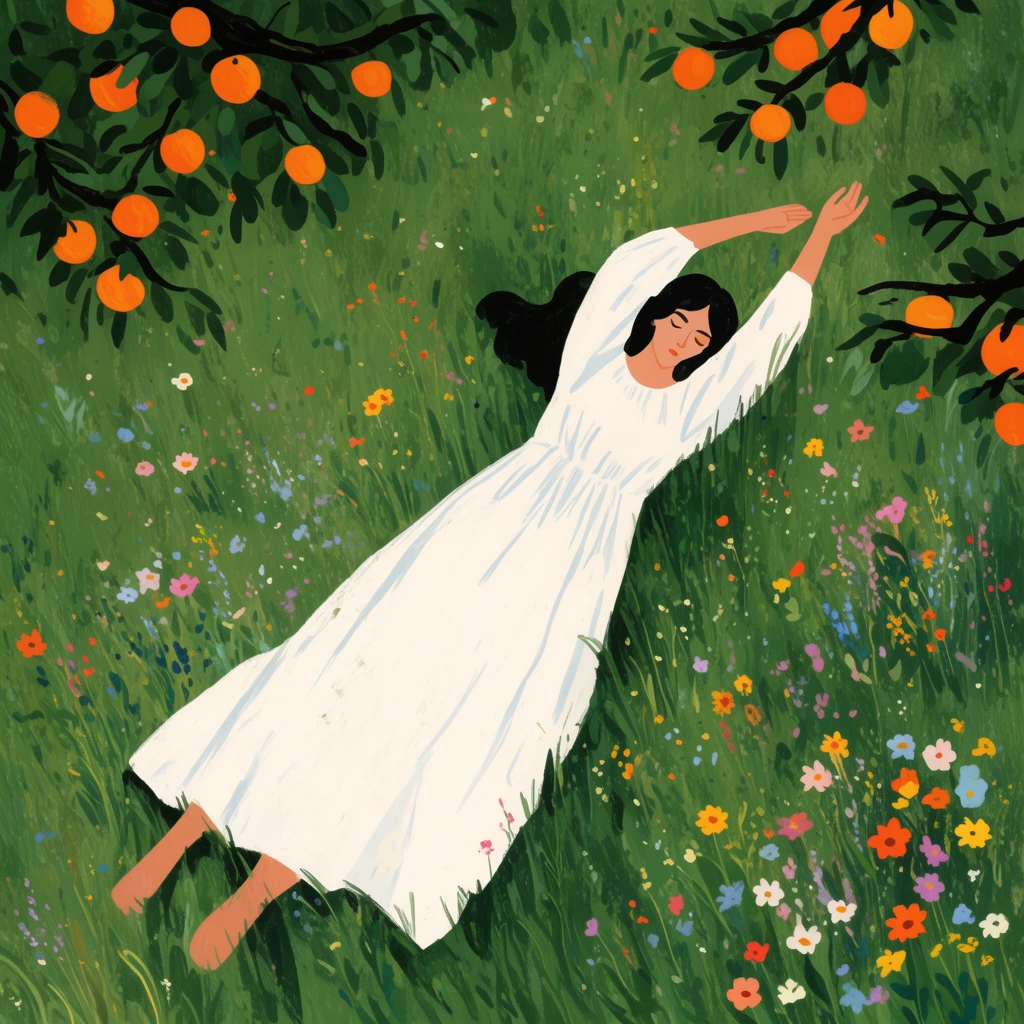 Woman in a long white dress lying in a lush green meadow, arms stretched overhead, scattered colorful wildflowers, dark tree branches bearing bright orange fruits, top-down perspective, flat digital illustration, painterly gouache textures, serene mood