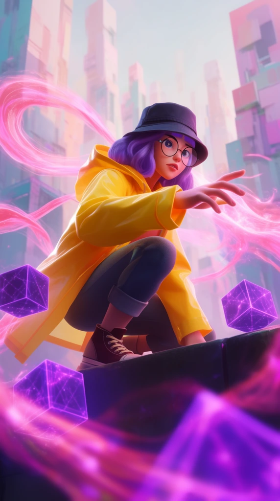 stylized 3D woman crouching on a dark ledge, bright yellow raincoat, dark bucket hat, round glasses, purple hair, extending one hand, swirling luminous pink energy tendrils, glowing purple geometric cubes, abstract futuristic cityscape, blocky pastel skyscrapers, hazy sky, shallow depth of field, blurred foreground magic, vibrant neon palette, dynamic low angle