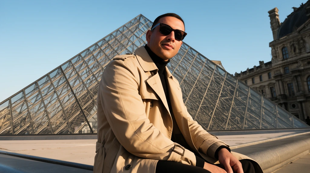 A low-angle portrait of a man in a beige trench coat, black turtleneck, and dark sunglasses sitting on a stone ledge. Behind him, a massive glass and steel pyramid dominates a paved plaza, contrasting sharply with an ornate, classical stone palace under a clear blue sky. Warm, direct sunlight from the left casts crisp, dramatic shadows across the man's face and the coat's folded fabric. The rigid geometric grid of the modern pyramid creates a striking architectural backdrop. His posture is relaxed, body angled slightly right while his head turns back to face the camera with a confident expression.