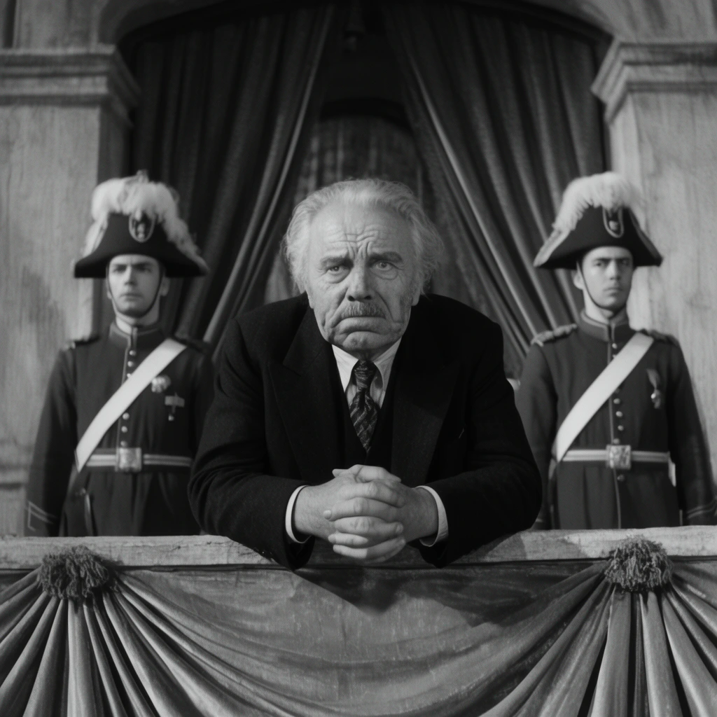 vintage black and white film still, distressed older man in dark suit leaning on a draped balcony, flanked by two uniformed guards in feathered hats, cinematic lighting
