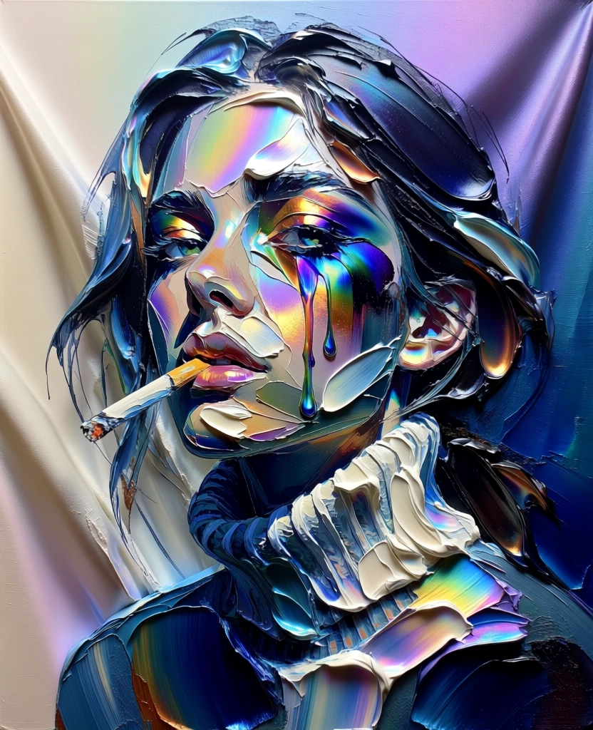 portrait of a woman in heavy impasto oil paint, thick sculptural palette knife strokes, deep cobalt and ultraviolet tones, iridescent pearlescent highlights, prismatic color shifts, face paint over one eye dripping down her cheek, cigarette held in lips, wearing a turtleneck sweater, background of draped fabric, high-relief 3d texture, fluid motion, ethereal glow, high contrast, vibrant holographic sheen, bold gestural application, expressive and tactile surface